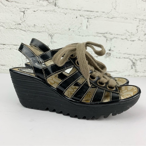Fly London Yito Patent Black Leather Lace Up Wedge Sandals 36 - Picture 6 of 13